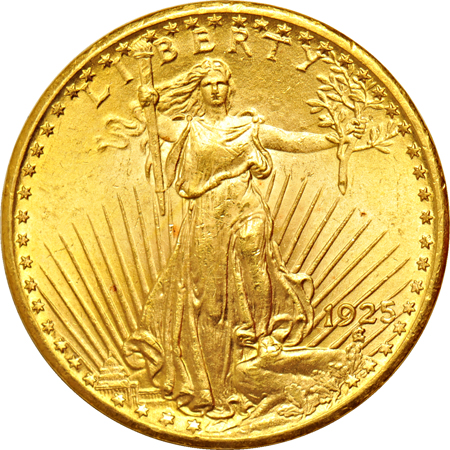 1904-S Liberty double eagle, and a 1925 Saint-Gaudens double eagle.