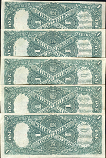 Sequential run of five 1917 $1  XF.