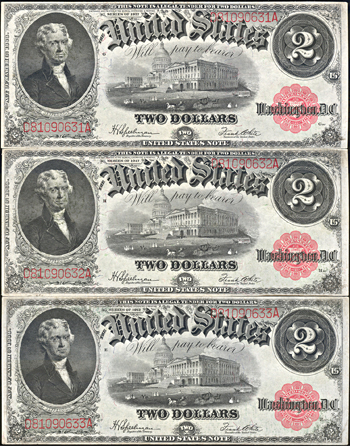 Run of three 1917 $2 CU.