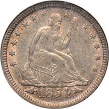 1837 No Stars Seated dime NGC XF-40, and an 1854 Seated quarter NGC AU-58.