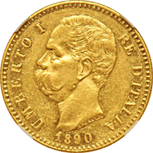 Italy - 1888-R gold 20-Lire NGC MS-64, and an 1890-R gold 20-Lire NGC AU-55.