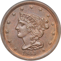 1855 half-cent and 1855 large cent, both NGC MS-64 BN.