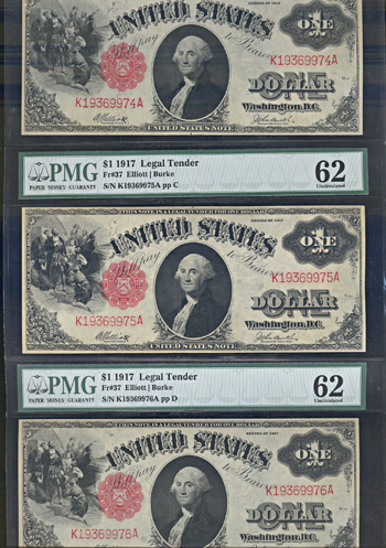 Run of three 1917 $1 in a single PMG CU-62 holder.