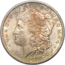 Six different Morgan dollars in PCGS MS-64 rattler holders.