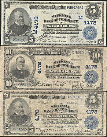 Three 1902 from The National Bank of Commerce, Saint Louis, MO Charter# 4178.