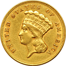 1874 $3 gold piece, plus four impaired California fractionals.
