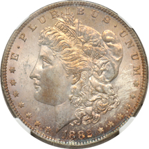 Five different toned Morgan dollars graded MS-64 by NGC.