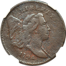 1794 (C-4a) half cent NGC F details/environmental damage, and a 1794 (S-31) large cent NGC VG details/corrosion.