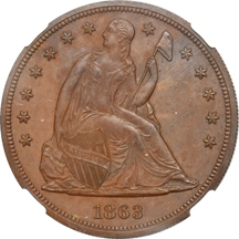 Judd-346:  1863 Seated Dollar "Transitional" Pattern, copper, NGC.