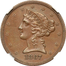 Judd-599:  1867 Half Eagle Proof, copper, NGC.