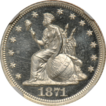 Judd-1084: 1871 10-Cents Pattern, aluminum, NGC.