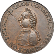 1766 Pitt halfpenny, NGC MS-63 BN.