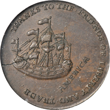 1766 Pitt halfpenny, NGC MS-63 BN.