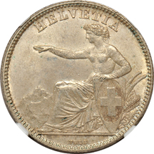 Switzerland - 1862-B 2-franc NGC MS-63.