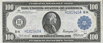 1914 $100 St. Louis Blue Seal AU.