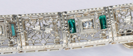 14K White Gold Filigree Diamond and Emerald Bracelet