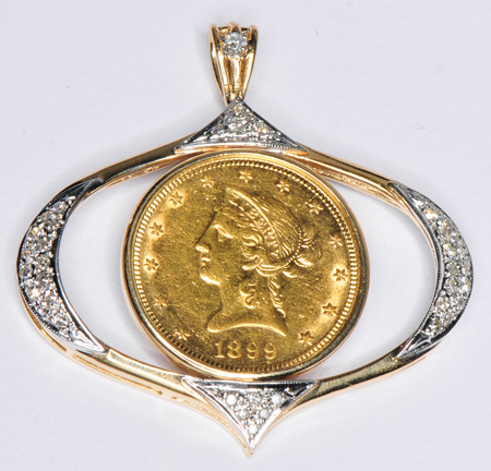 14K Yellow Gold Diamond Bezel and 1899-S $10 Liberty Pendant