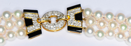 18K Yellow Gold Diamond, Onyx and Pearl Shoulder Drape