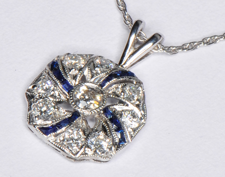 14K White Gold Diamond and Sapphire Pendant