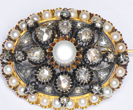 14K Yellow Gold and Silver Brooch