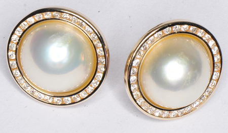 14K Yellow Gold Diamond and Mabe Pearl Earrings