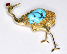 14K Yellow Gold Turquoise Bird Pin