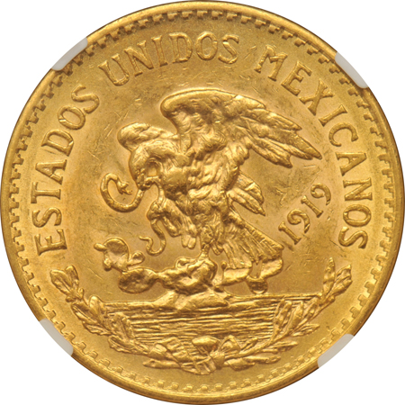 Mexico - 1919 20-pesos, NGC AU-58.