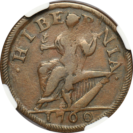 1760 No 'P' Hibernia Voce Populi halfpenny NGC XF-45 BN.