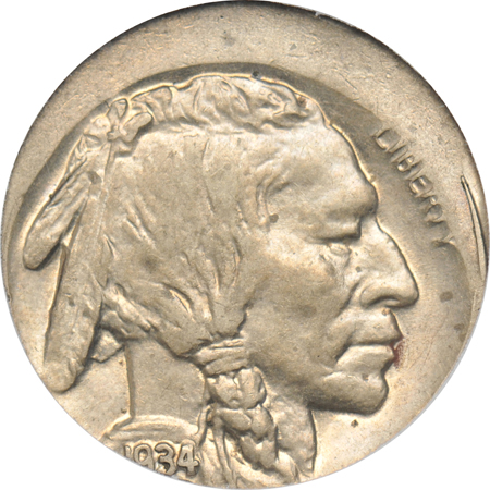 1934-D Buffalo nickel, 10-percent off-center, AU.