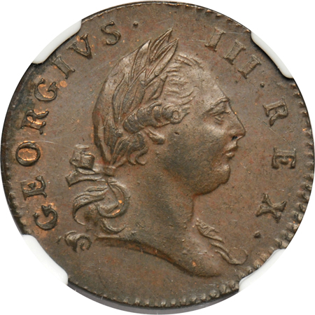 1773 Virginia halfpenny, with period after GEORGIVS, NGC MS-62 BN.