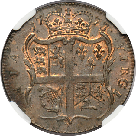 1773 Virginia halfpenny, with period after GEORGIVS, NGC MS-62 BN.