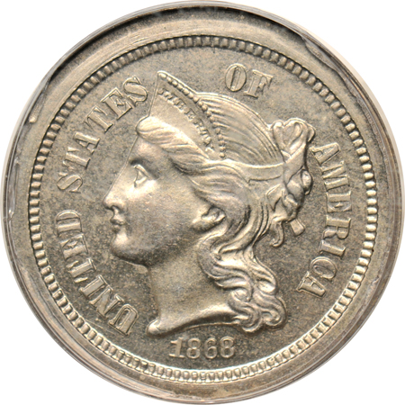 Judd-615: 1868 Three-Cent Nickel (R.5), PCGS PF-64.