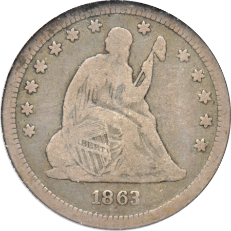 1863 Seated quarter F, and an 1875-S twenty-cent piece PCGS XF-40.