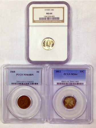 Three U.S. type coins graded MS-64.