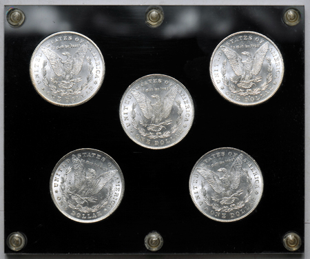 Five 1878 dated silver dollars in a Capital Plastics case.