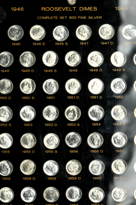 Set of Roosevelt dimes, complete from 1946 through 1964-D, in a Capital Plastics case.