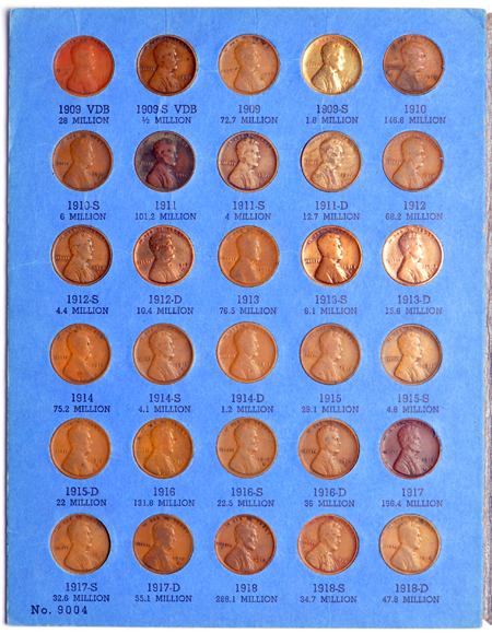 Lincoln cent collection, 1909 through 1940-S (no 1922 plain), in a Whitman folder.