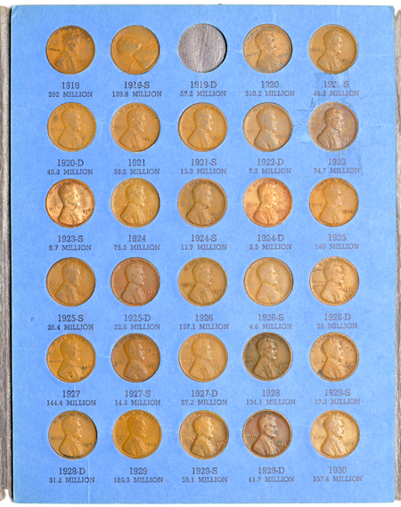 Lincoln cent collection, 1909 through 1940-S (no 1922 plain), in a Whitman folder.