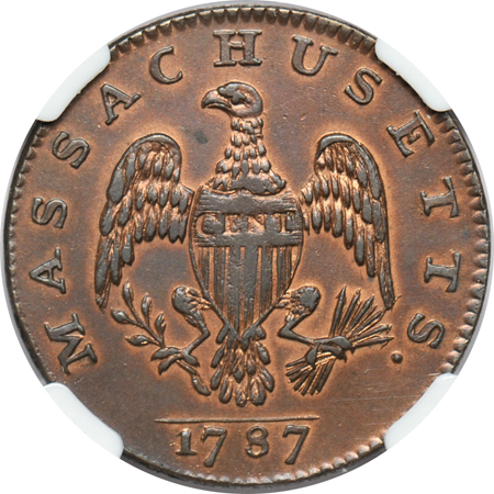 1787 Massachusetts cent (Ryder 3-G, R.3), NGC AU details/improperly cleaned.