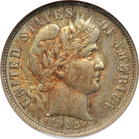 1903-O Barber dime ANACS MS-61, and a 1920 Mercury dime ANACS MS-65 FSB.