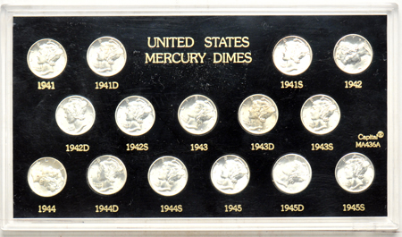 Short-Set of Mercury dimes, 1941 through 1945-S, in Capital Plastics holder.