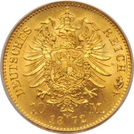 Germany - Prussia - 1872-A 10-mark, .1152 oz. gold, PCGS MS-65.