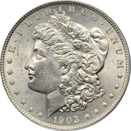 Five different Morgan dollars, all PCGS MS-64.