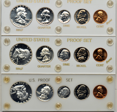 1952, 1953, and 1956 Proof Sets, all in Capital Plastics holders.