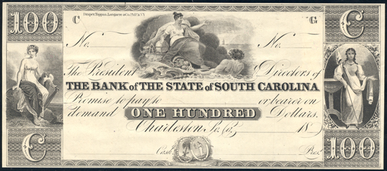 $100 Special Proof Obsolete Bank Note, Bank of the State of South Carolina, Charlestown, SC PCGS AU-55PPQ.