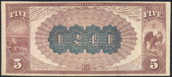 1882 $5 Lancaster, OH Charter# 1241 Brown Back PMG AU-53 EPQ.