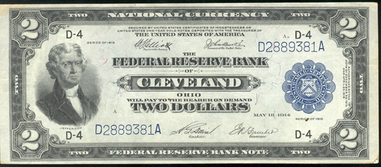 1918 $2 Cleveland  XF/minor stain.