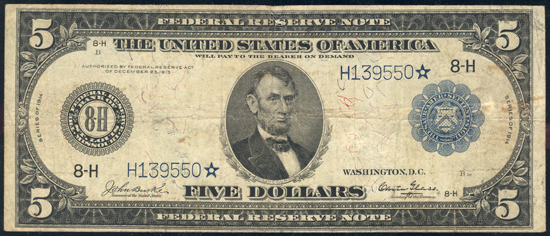 1914 $5 Blue Seal St. Louis Star F-15/minor stains.