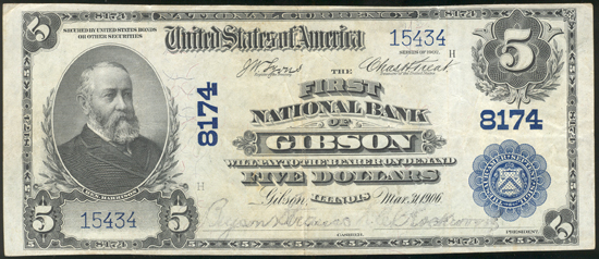 1902 $5 Gibson, IL Charter# 8174 Blue Seal VF.