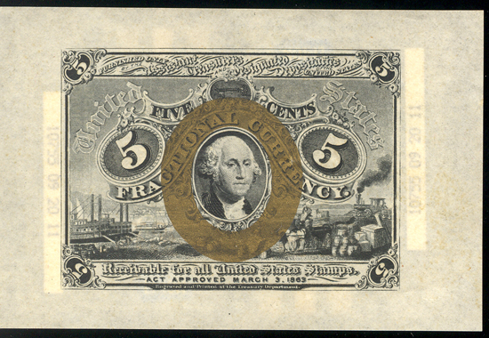 5-cent Second Issue Front Proof, Wide Margins, GemCU.